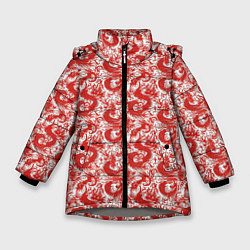 Куртка зимняя для девочки Красные драконы на белом фоне, цвет: 3D-светло-серый