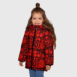 Куртка зимняя для девочки Хохломская роспись красные цветы и ягоды на чёрном, цвет: 3D-красный — фото 2