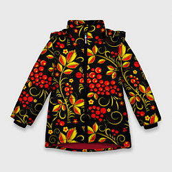Куртка зимняя для девочки Хохломская роспись золотистые листья чёрном фоне, цвет: 3D-красный