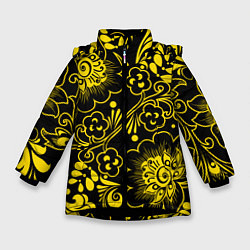 Зимняя куртка для девочки Хохломская роспись золотые цветы на чёроном фоне
