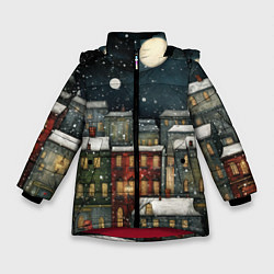 Куртка зимняя для девочки Новогодний рисованный город, цвет: 3D-красный