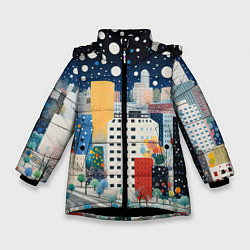 Куртка зимняя для девочки Новогодний ночной город, цвет: 3D-черный