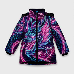 Куртка зимняя для девочки Neon Japanese dragon - irezumi, цвет: 3D-черный