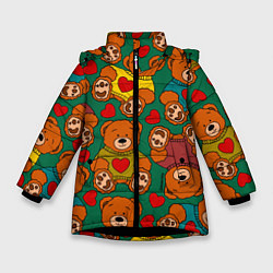 Зимняя куртка для девочки Игрушки мишки в цветных свитерах и сердца