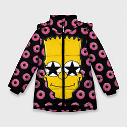 Куртка зимняя для девочки Барт Симпсон на фоне пончиков, цвет: 3D-черный