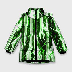 Куртка зимняя для девочки Зелёные неоновые полосы на чёрном фоне, цвет: 3D-черный