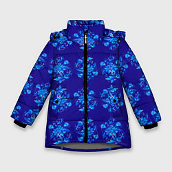 Куртка зимняя для девочки Узоры гжель на синем фоне, цвет: 3D-светло-серый