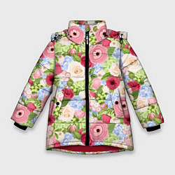 Зимняя куртка для девочки Фон с розами, лютиками и гортензиями