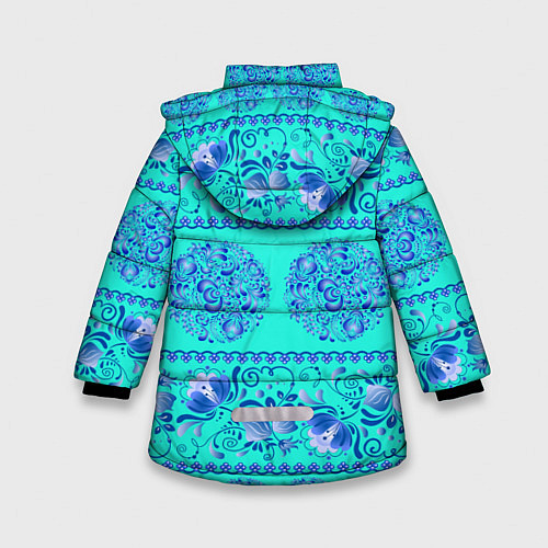 Зимняя куртка для девочки Гжель на бирюзовом фоне / 3D-Черный – фото 2
