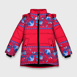 Куртка зимняя для девочки Голубая гжель на красном фоне, цвет: 3D-черный