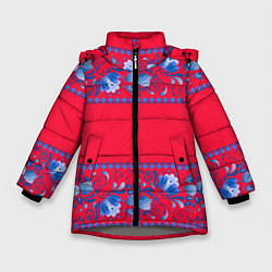 Куртка зимняя для девочки Голубая гжель на красном фоне, цвет: 3D-светло-серый