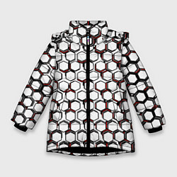Куртка зимняя для девочки Киберпанк узор из шестиугольников красный, цвет: 3D-черный
