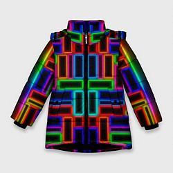 Куртка зимняя для девочки Цветные светящиеся прямоугольники, цвет: 3D-черный