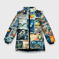 Куртка зимняя для девочки Космические обитатели - пэчворк, цвет: 3D-черный
