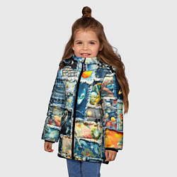 Куртка зимняя для девочки Космические обитатели - пэчворк, цвет: 3D-красный — фото 2
