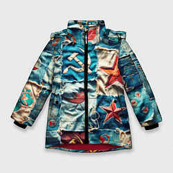 Куртка зимняя для девочки Пэчворк джинсы из СССР, цвет: 3D-красный