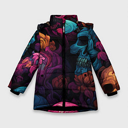 Куртка зимняя для девочки Яркие цветы с черепами, цвет: 3D-черный