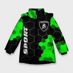 Куртка зимняя для девочки Lamborghini green sport hexagon, цвет: 3D-черный