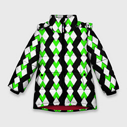 Куртка зимняя для девочки Зелёные и белые ромбы на чёрном фоне, цвет: 3D-красный