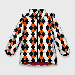 Зимняя куртка для девочки Чёрные и оранжевые ромбы на белом фоне