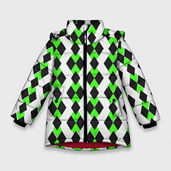 Куртка зимняя для девочки Чёрные и зелёные ромбы на белом фоне, цвет: 3D-красный