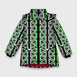 Зимняя куртка для девочки Бело-зелёные треугольники на чёрном фоне