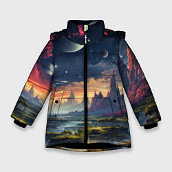 Куртка зимняя для девочки Космический фантазийный мир на другой планете, цвет: 3D-черный