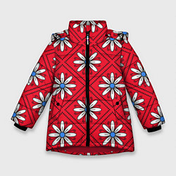 Куртка зимняя для девочки Белые цветы в ромбах на красном, цвет: 3D-красный