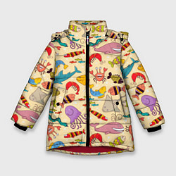 Куртка зимняя для девочки Морские обитатели узор, цвет: 3D-красный