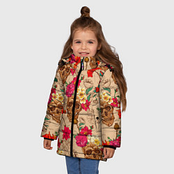 Куртка зимняя для девочки Черепа в цветах, цвет: 3D-черный — фото 2