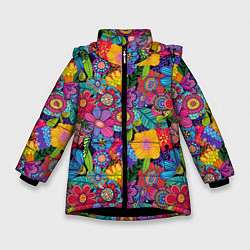 Куртка зимняя для девочки Яркие цветы, цвет: 3D-черный