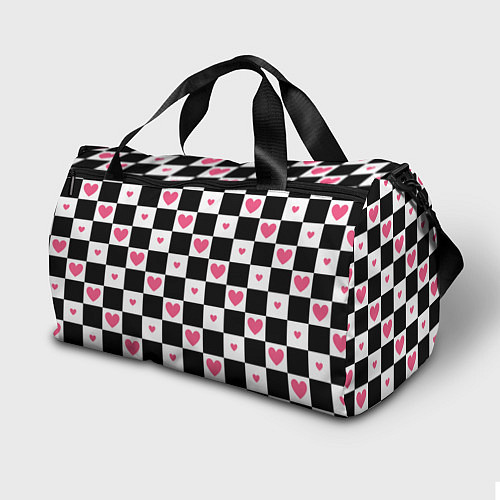 Спортивная сумка Розовые сердечки на фоне шахматной черно-белой дос / 3D-принт – фото 2