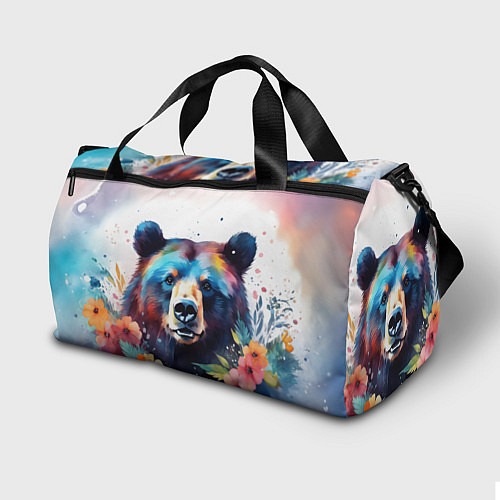 Спортивная сумка Портрет медведя гризли с цветами акварелью / 3D-принт – фото 2