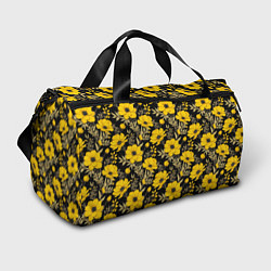 Спортивная сумка Желтые цветы на черном фоне паттерн