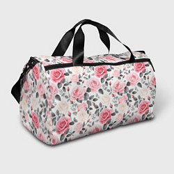 Сумки спортивные Розовые розы и серые листочки - паттерн, цвет: 3D-принт