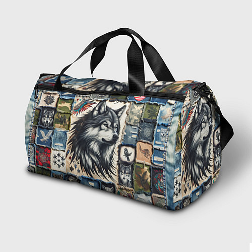 Спортивная сумка Волк на дениме Пэчворк / 3D-принт – фото 2