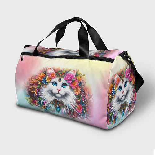 Спортивная сумка Белый кот с голубыми глазами в цветах / 3D-принт – фото 2