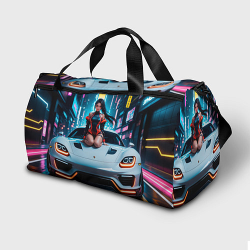 Спортивная сумка Девушка на авто - киберпанк / 3D-принт – фото 2