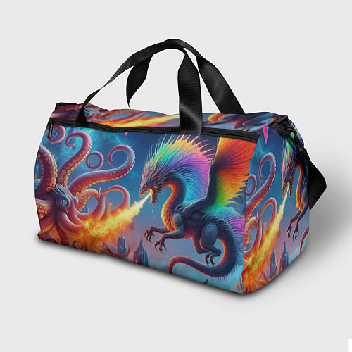 Спортивная сумка Огнедышащий дракон против осьминога - нейроарт фан / 3D-принт – фото 2