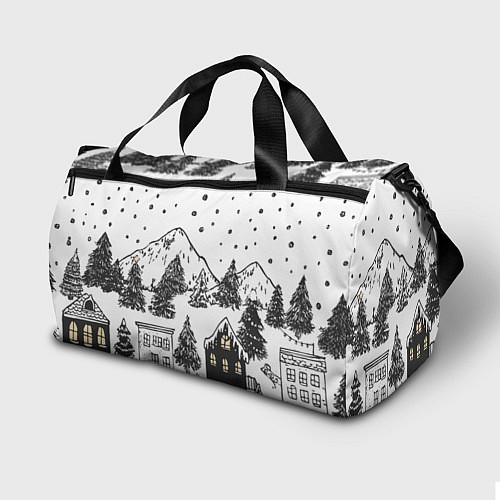 Спортивная сумка Заснеженный черно-белый город / 3D-принт – фото 2