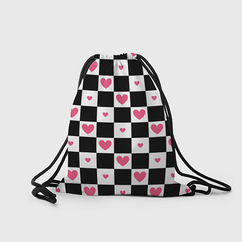 Мешок для обуви Розовые сердечки на фоне шахматной черно-белой дос / 3D-принт – фото 2