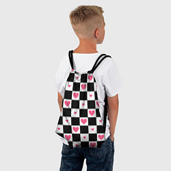 Рюкзак-мешок Розовые сердечки на фоне шахматной черно-белой дос, цвет: 3D-принт — фото 2