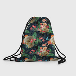 Рюкзак-мешок Узор из черепов с цветами и листьями, цвет: 3D-принт