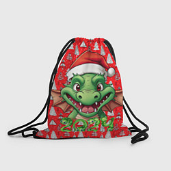 Рюкзак-мешок Зеленый новогодний дракон на красном фоне, цвет: 3D-принт