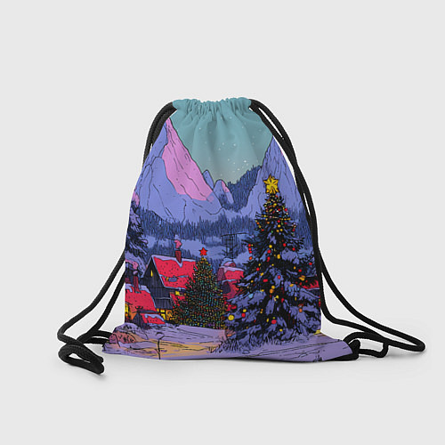 Мешок для обуви Новогодние елки в горном городке / 3D-принт – фото 2