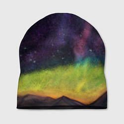 Шапка Горный пейзаж со звёздным небом и северным сиянием, цвет: 3D-принт
