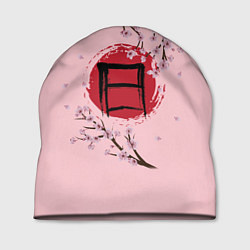 Шапка Цветущая сакура с иероглифом cолнце, цвет: 3D-принт