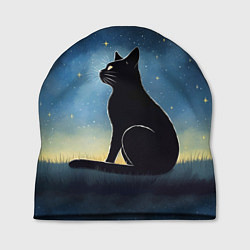Шапка Черный кот и звезды - акварель, цвет: 3D-принт