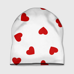 Шапка Красные сердечки на белом, цвет: 3D-принт