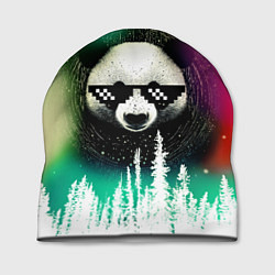 Шапка Панда в очках на фоне северного сияния и леса